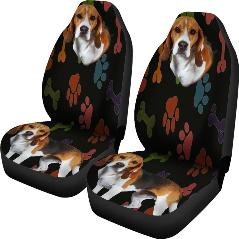 Adorable Beagle Car Seat Covers Black With Multicolor Paws