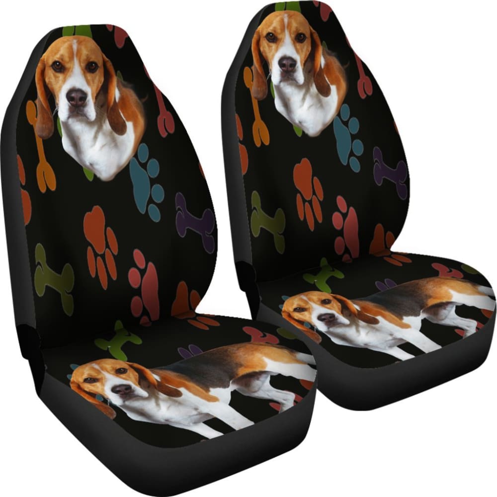 Adorable Beagle Car Seat Covers Black With Multicolor Paws
