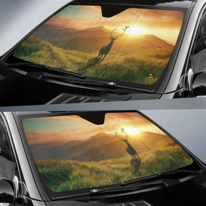 Sunset Deer Mountains Bird Landscape Hd Car Sun Shade