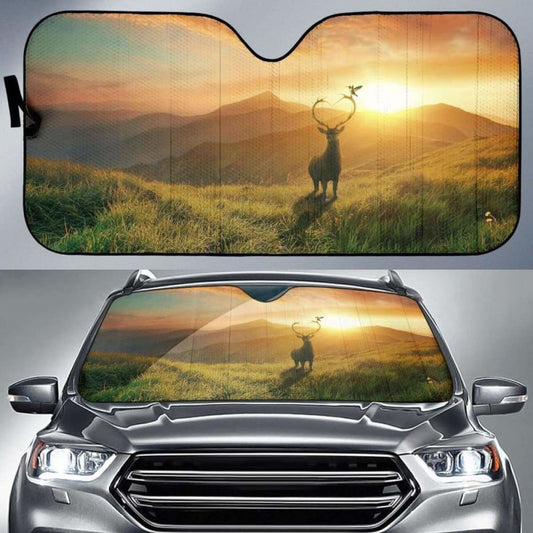 Sunset Deer Mountains Bird Landscape Hd Car Sun Shade