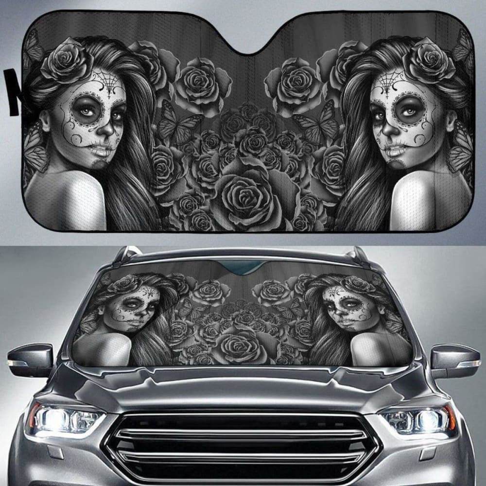 Calavera Girl - Black and White - Auto Sun Shade