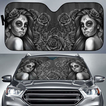 Calavera Girl - Black and White - Auto Sun Shade
