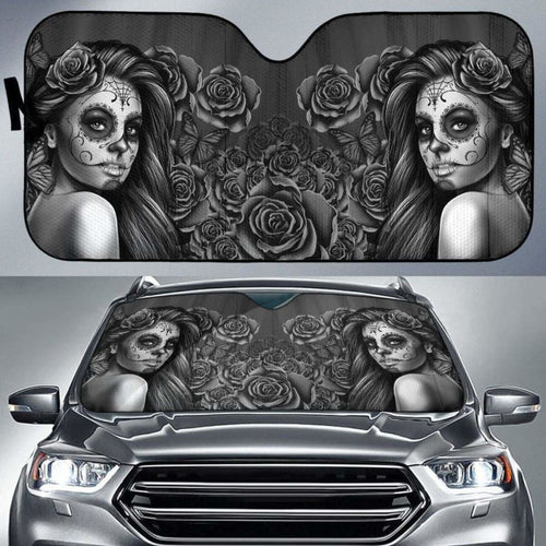 Calavera Girl - Black and White - Auto Sun Shade
