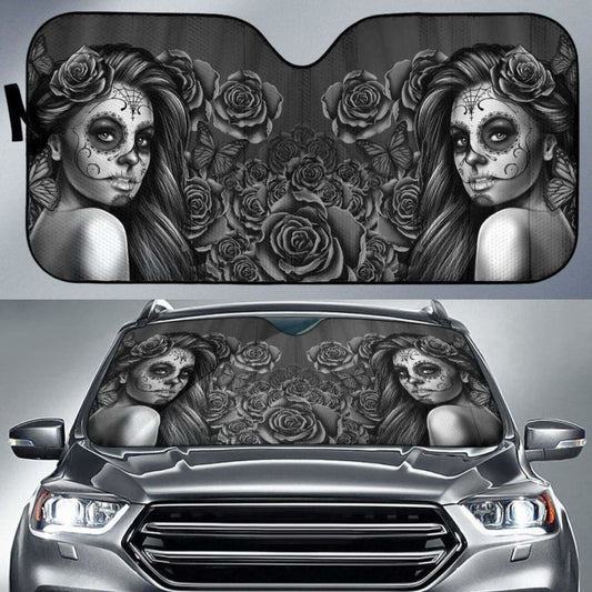 Calavera Girl - Black and White - Auto Sun Shade