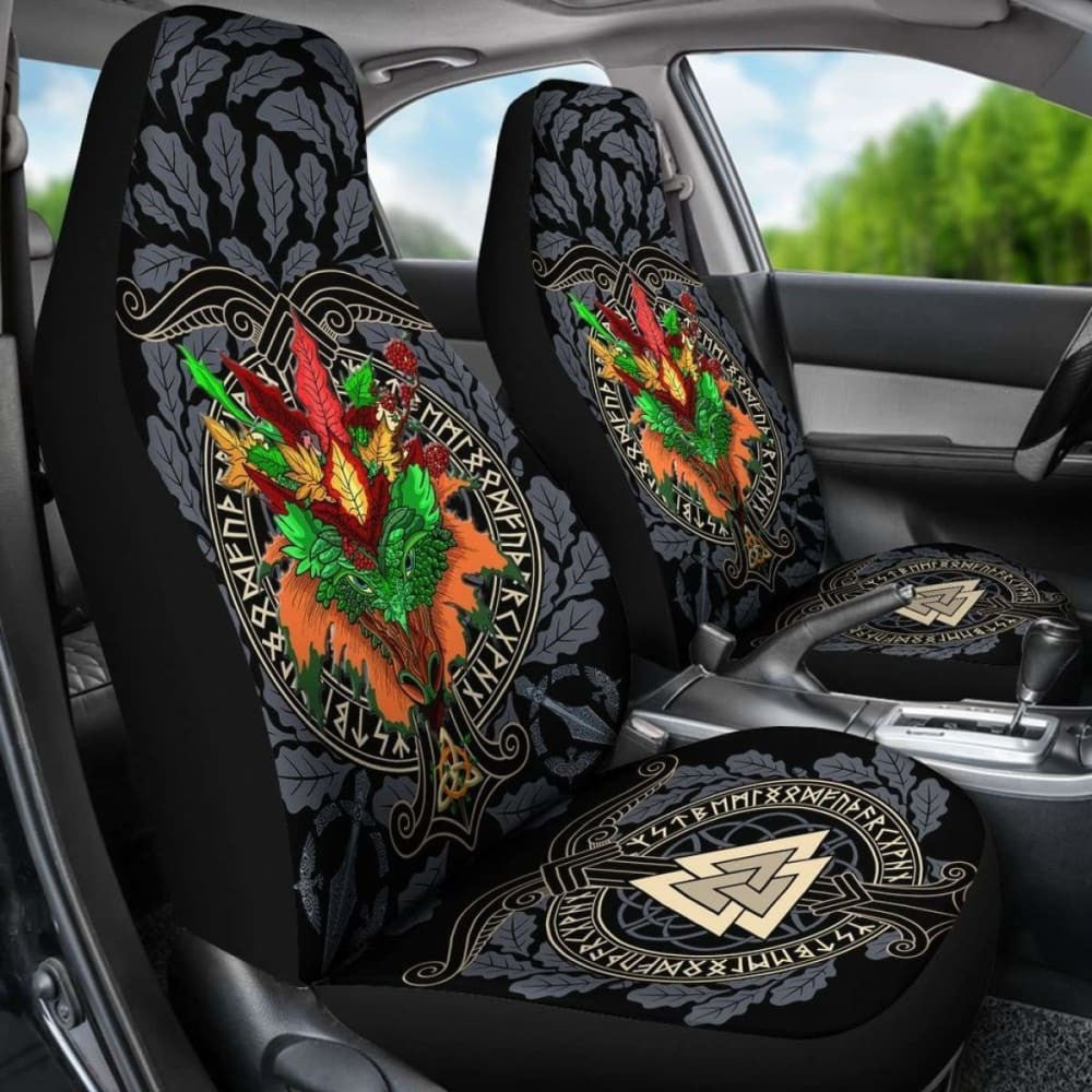 Celtic Lughnasadh Autumn Dragon Car Seat Covers - Celtic Autumn Leaf Pattern -
