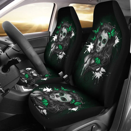 Set Of Floral Girl Sugar Skull Car Seat Covers