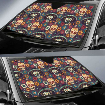 Sugar Skulls Flower Maxican Pattern Car Auto Sun Shades