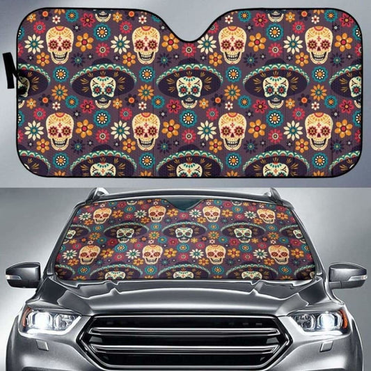 Sugar Skulls Flower Maxican Pattern Car Auto Sun Shades