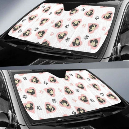 Cute Pugs Pink Heart Paw Pattern Car Auto Sun Shades