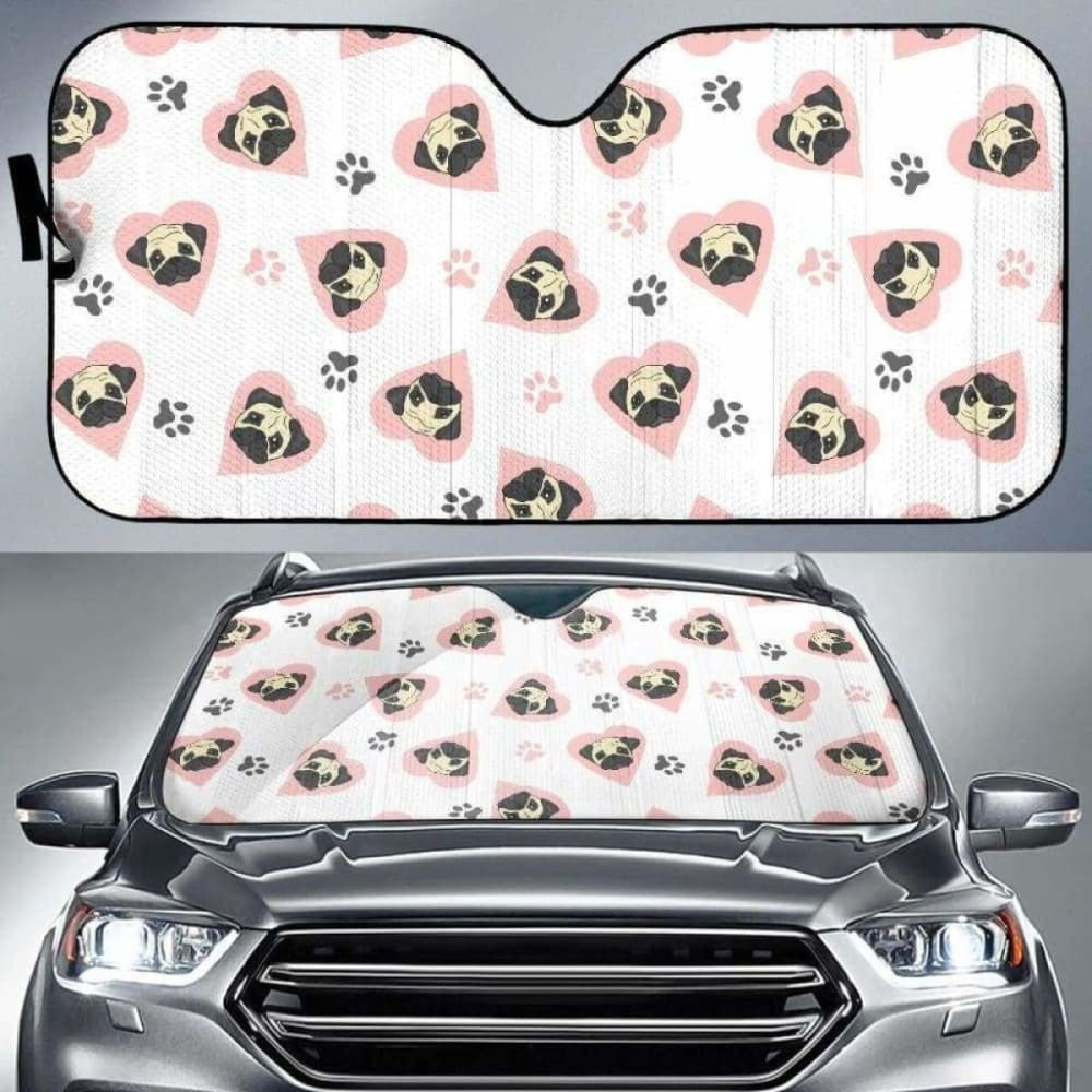 Cute Pugs Pink Heart Paw Pattern Car Auto Sun Shades