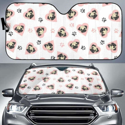 Cute Pugs Pink Heart Paw Pattern Car Auto Sun Shades