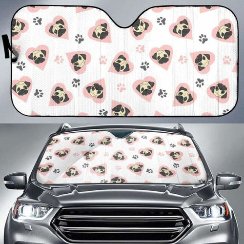 Cute Pugs Pink Heart Paw Pattern Car Auto Sun Shades