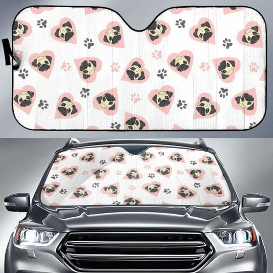 Cute Pugs Pink Heart Paw Pattern Car Auto Sun Shades
