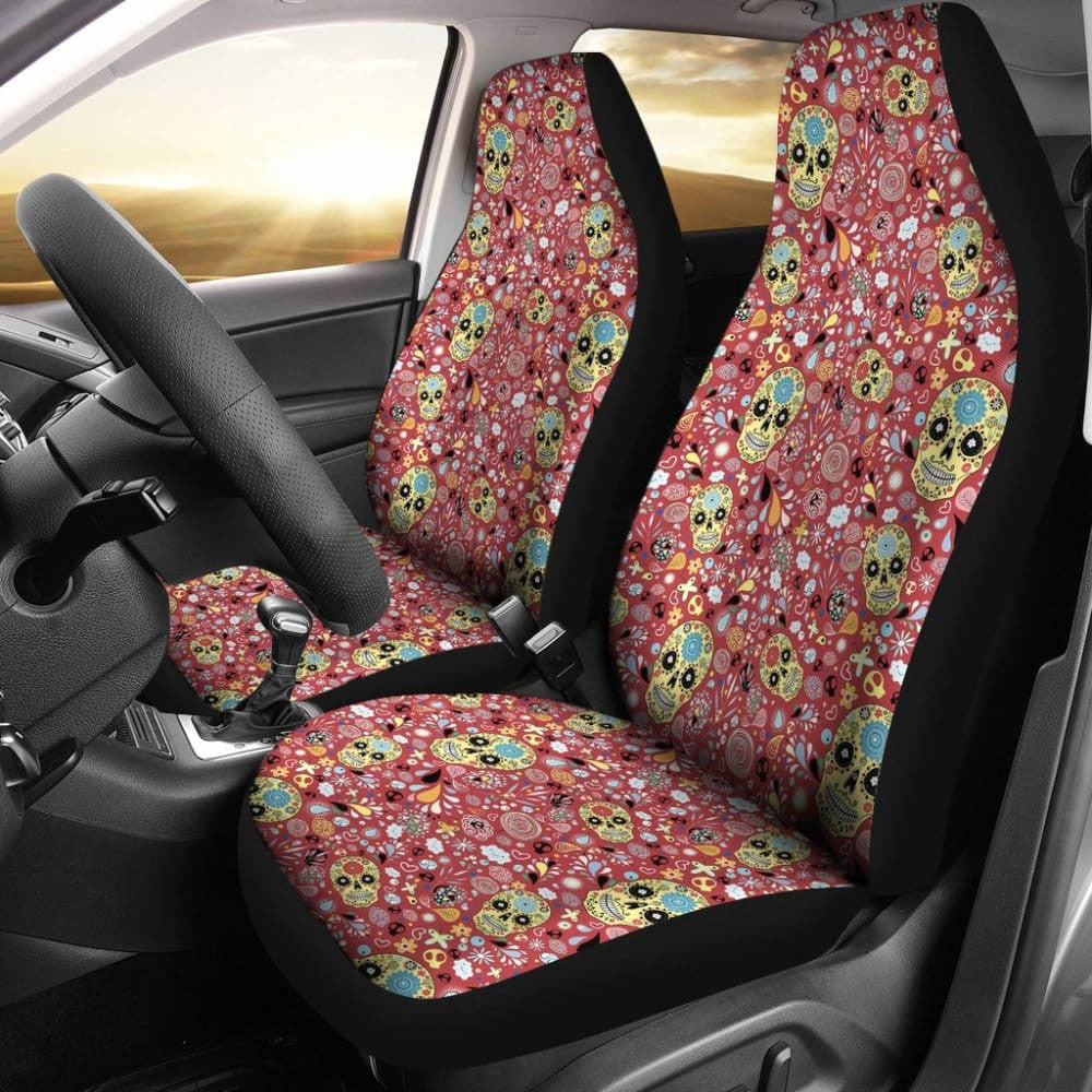 Set Of Floral Sugar Skull Seat Covers - Day Of The Dead