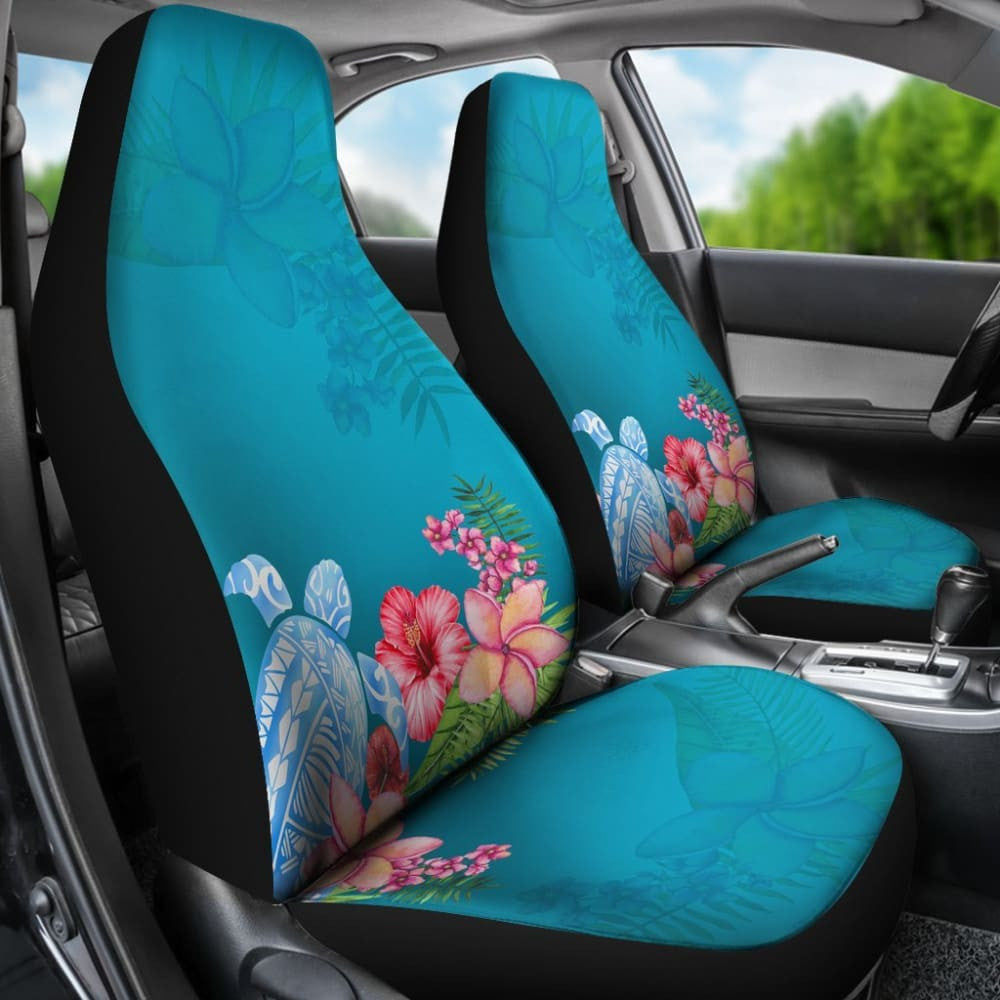 Blue Sea Tribal Turtle Hibiscus Plumeria Flowers Car Seat
