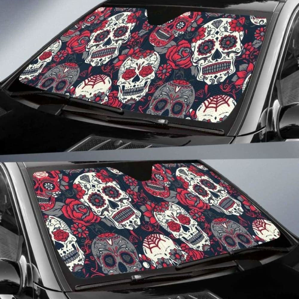 Day of The Dead Sugar Skull Floral Car Auto Sun Shade