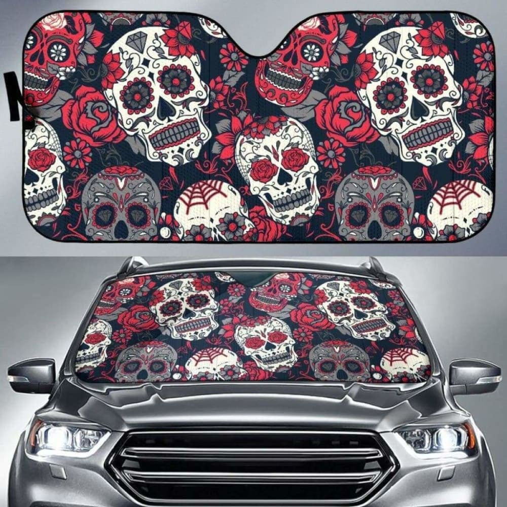 Day of The Dead Sugar Skull Floral Car Auto Sun Shade