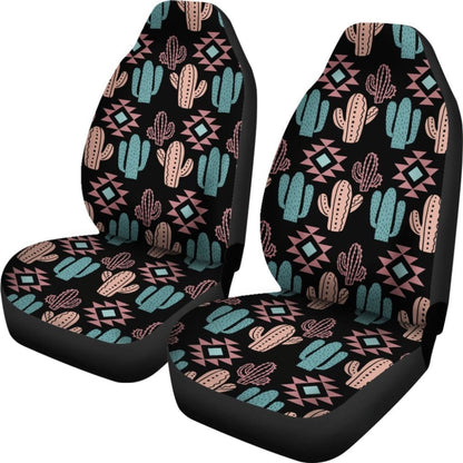 Pastel Turquoise And Rose Cactus Boho Pattern On Black Car Seat Covers
