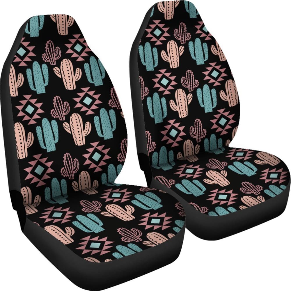 Pastel Turquoise And Rose Cactus Boho Pattern On Black Car Seat Covers