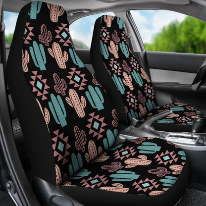 Pastel Turquoise And Rose Cactus Boho Pattern On Black Car Seat Covers