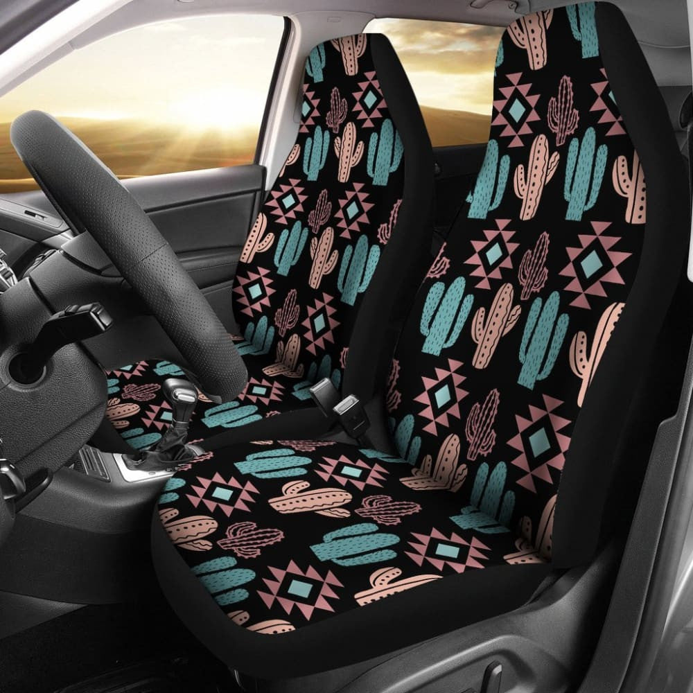 Pastel Turquoise And Rose Cactus Boho Pattern On Black Car Seat Covers