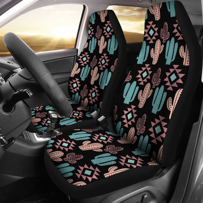 Pastel Turquoise And Rose Cactus Boho Pattern On Black Car Seat Covers