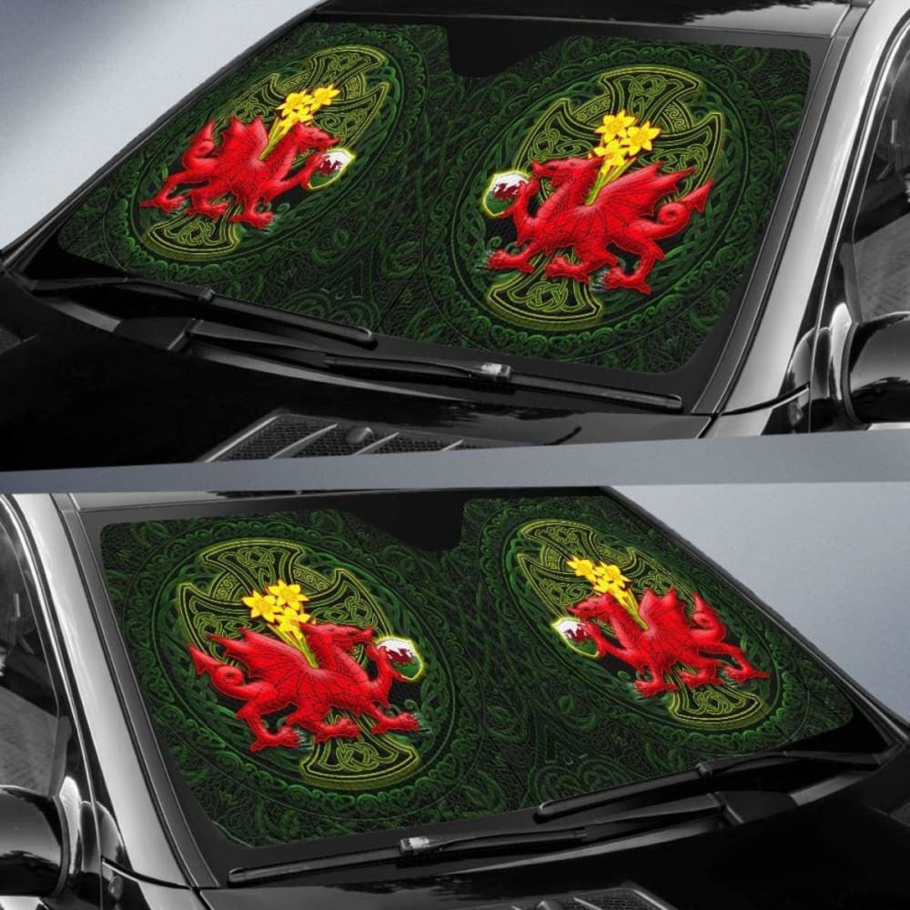 Welsh Dragon With Celtic Cross And Daffodils Auto Sun Shades - The Symbols Of Wales