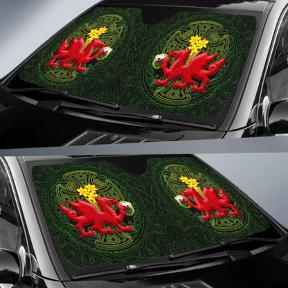 Welsh Dragon With Celtic Cross And Daffodils Auto Sun Shades - The Symbols Of Wales