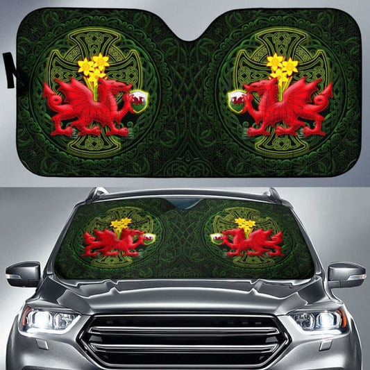 Welsh Dragon With Celtic Cross And Daffodils Auto Sun Shades - The Symbols Of Wales