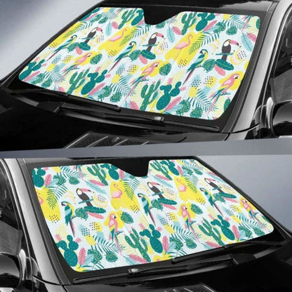 Cute Parrot Toucan Flamingo Cactus Exotic Leaves Pattern Car Auto Sun Shades
