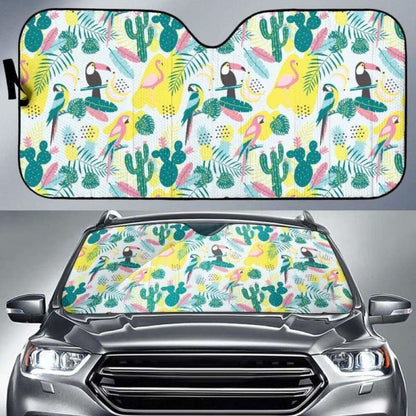 Cute Parrot Toucan Flamingo Cactus Exotic Leaves Pattern Car Auto Sun Shades