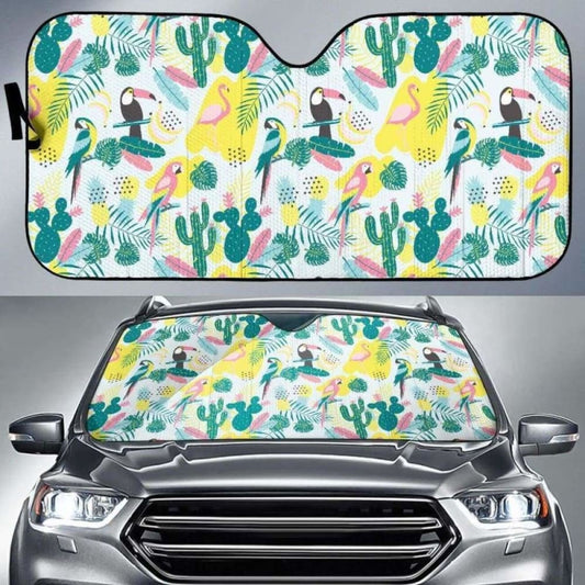 Cute Parrot Toucan Flamingo Cactus Exotic Leaves Pattern Car Auto Sun Shades