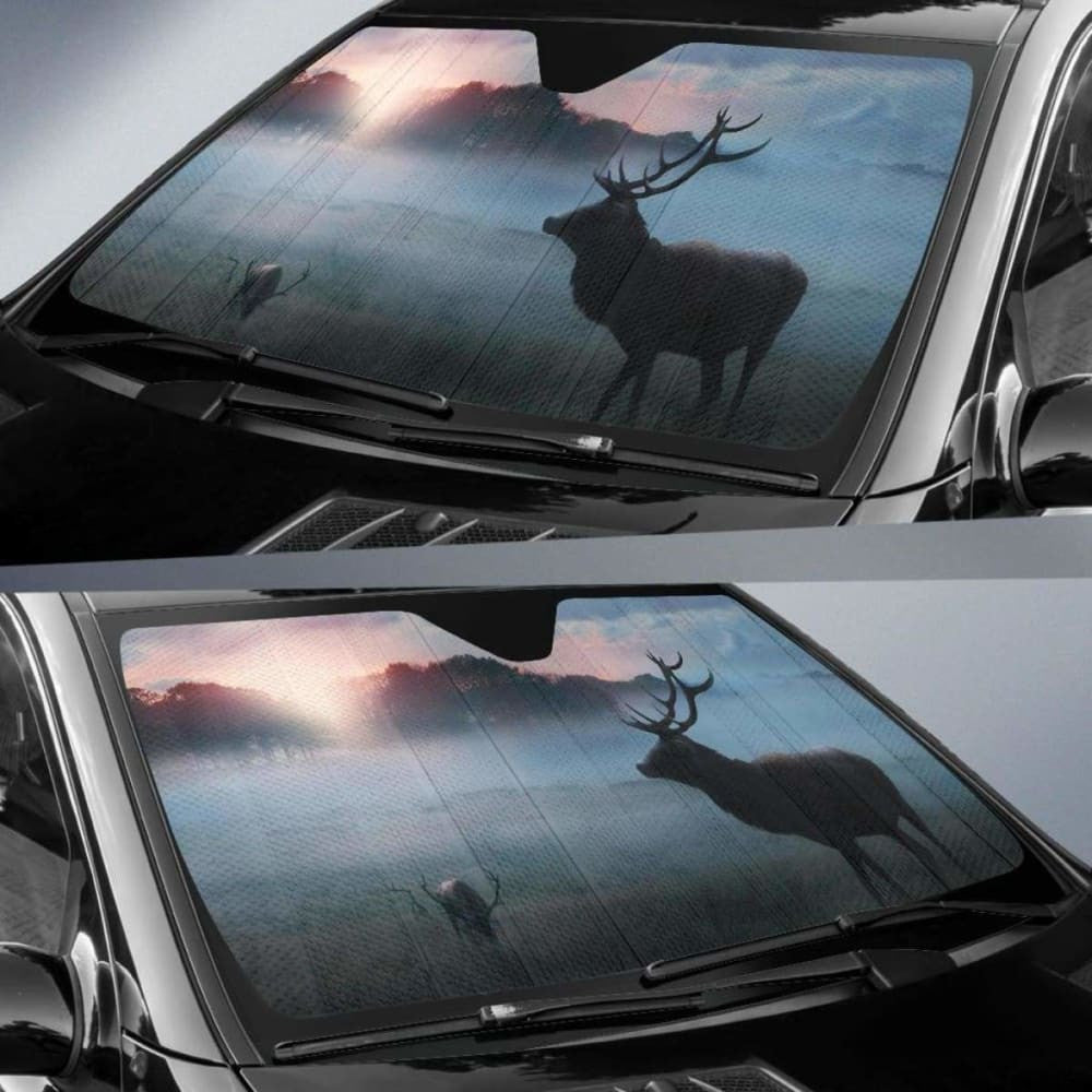 Deer Forest Morning Sunrise Fog Winter Hd Car Sun Shade