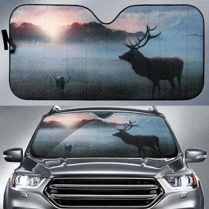 Deer Forest Morning Sunrise Fog Winter Hd Car Sun Shade