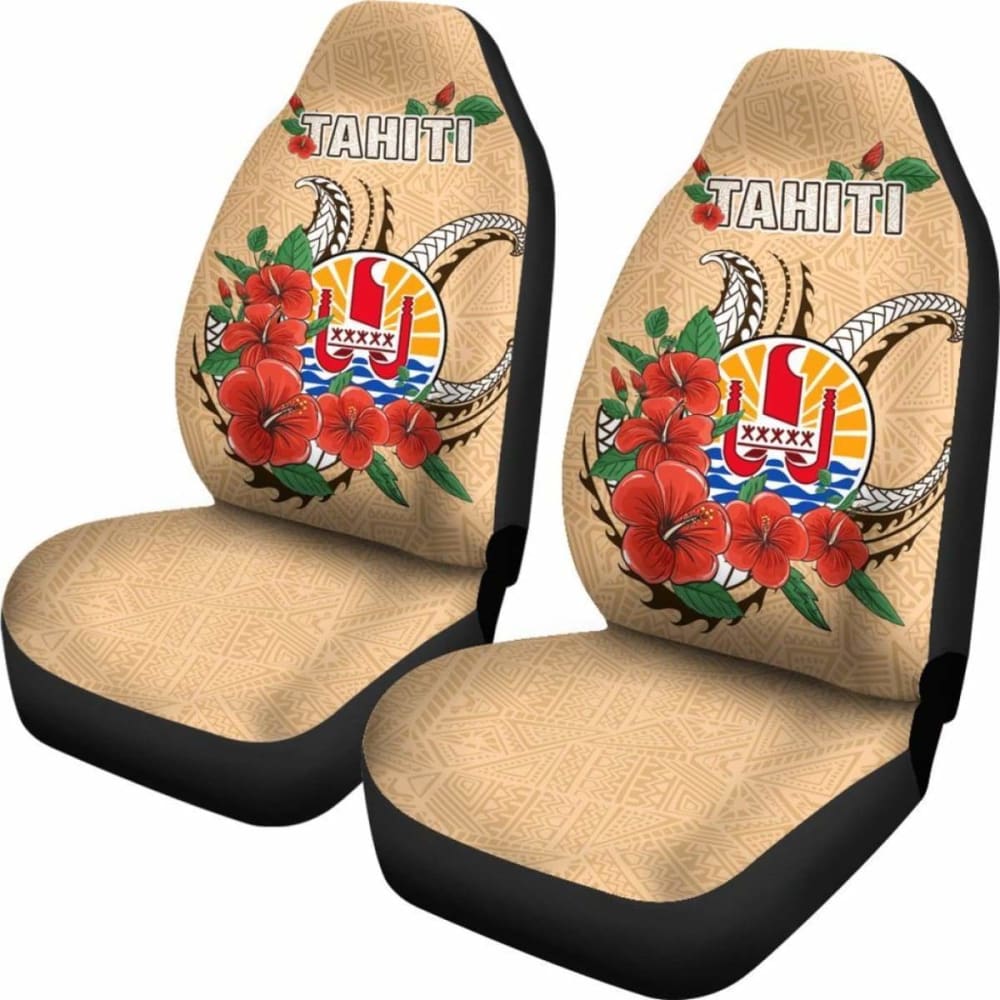 Tahiti Polynesian Car Seat Covers - Hibiscus Coat Of Arm Beige - Bn