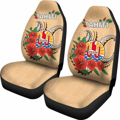 Tahiti Polynesian Car Seat Covers - Hibiscus Coat Of Arm Beige - Bn