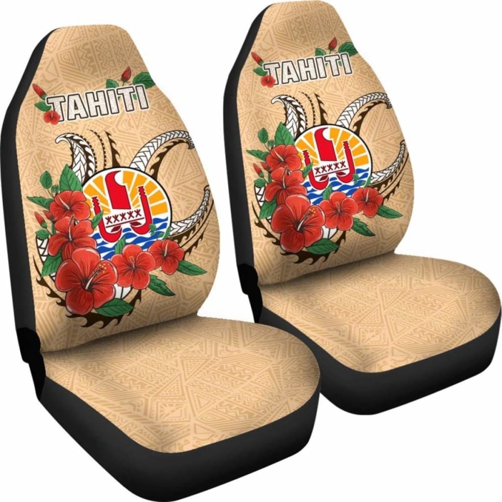 Tahiti Polynesian Car Seat Covers - Hibiscus Coat Of Arm Beige - Bn