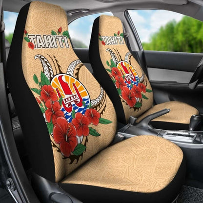 Tahiti Polynesian Car Seat Covers - Hibiscus Coat Of Arm Beige - Bn