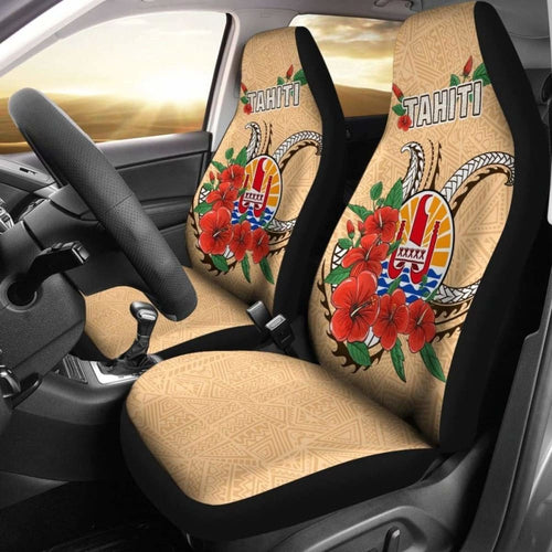 Tahiti Polynesian Car Seat Covers - Hibiscus Coat Of Arm Beige - Bn