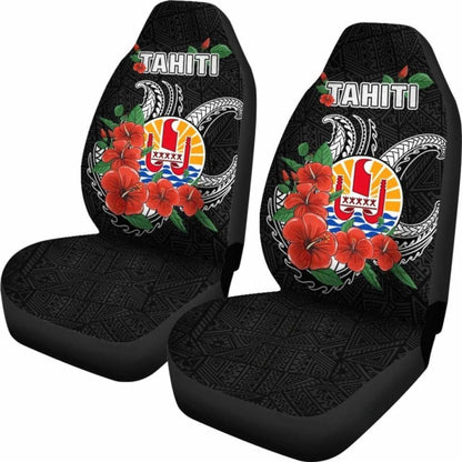 Tahiti Polynesian Car Seat Covers - Hibiscus Coat Of Arm Black - Bn