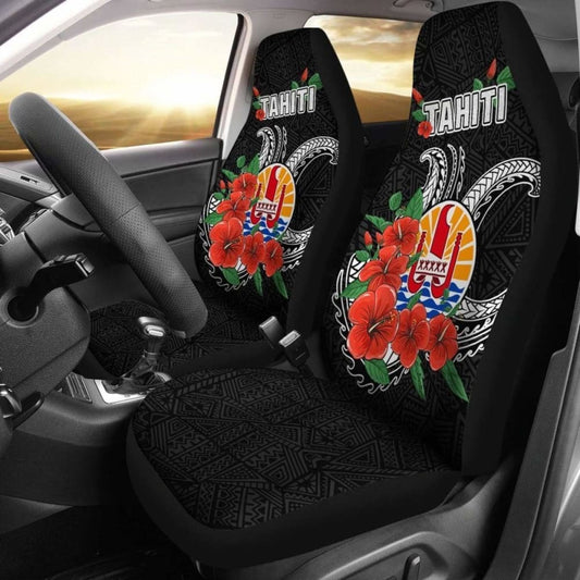 Tahiti Polynesian Car Seat Covers - Hibiscus Coat Of Arm Black - Bn