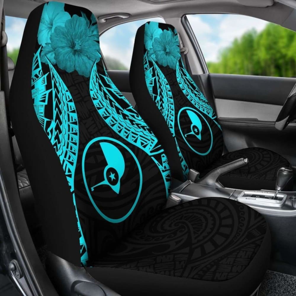 Yap Polynesian Car Seat Covers Pride Seal And Hibiscus Neon Blue -