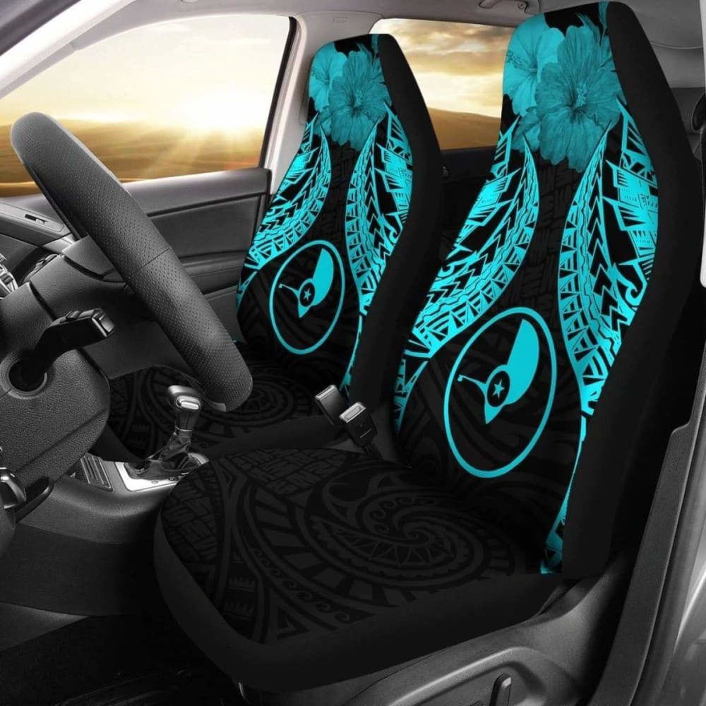 Yap Polynesian Car Seat Covers Pride Seal And Hibiscus Neon Blue -
