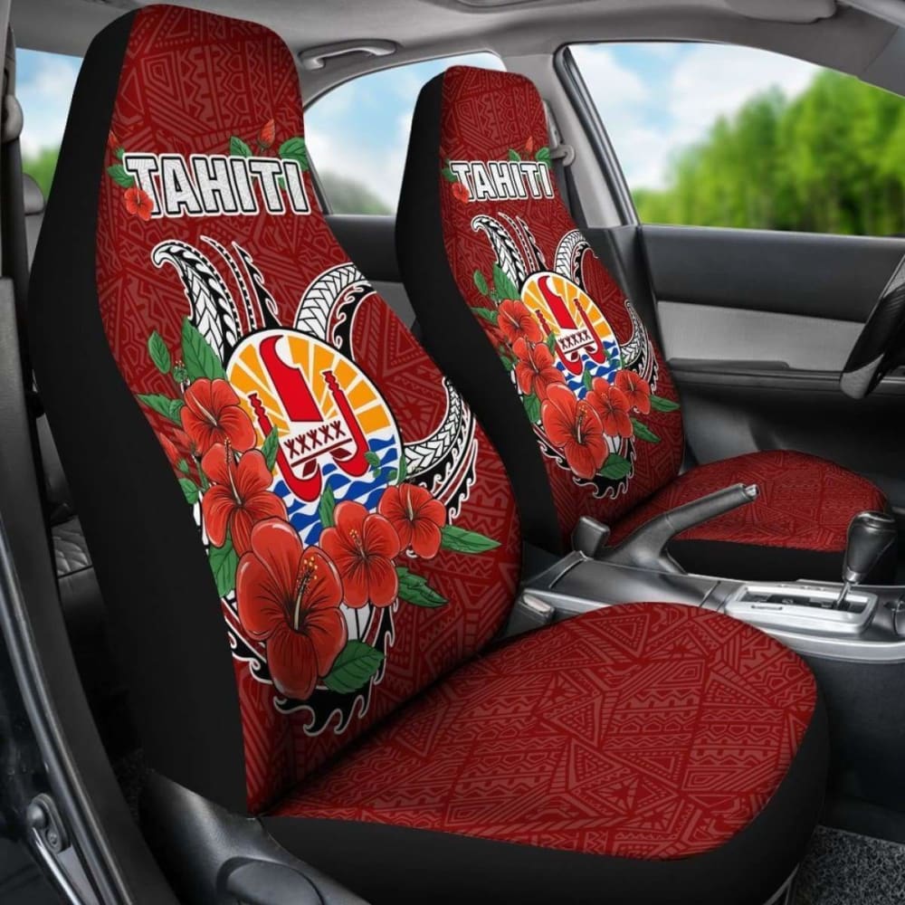 Tahiti Polynesian Car Seat Covers - Hibiscus Coat Of Arm Red - Bn