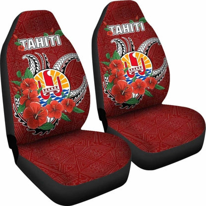 Tahiti Polynesian Car Seat Covers - Hibiscus Coat Of Arm Red - Bn