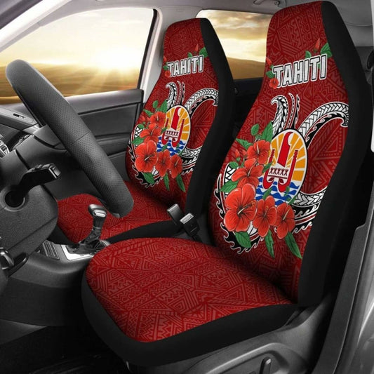Tahiti Polynesian Car Seat Covers - Hibiscus Coat Of Arm Red - Bn
