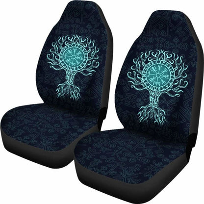 Viking Car Seat Cover - Vegvisir Tree Of Life - Turquoise -