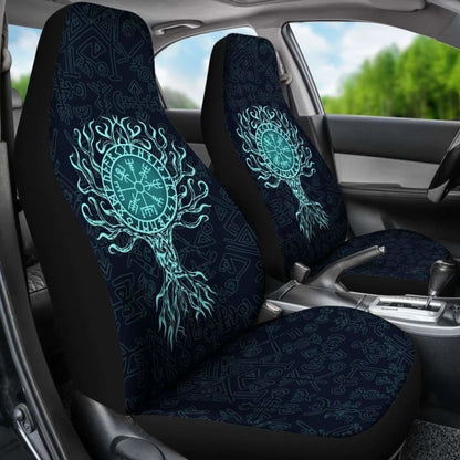 Viking Car Seat Cover - Vegvisir Tree Of Life - Turquoise -