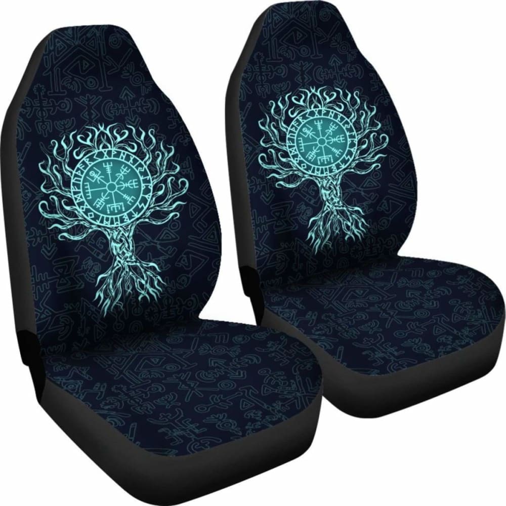 Viking Car Seat Cover - Vegvisir Tree Of Life - Turquoise -