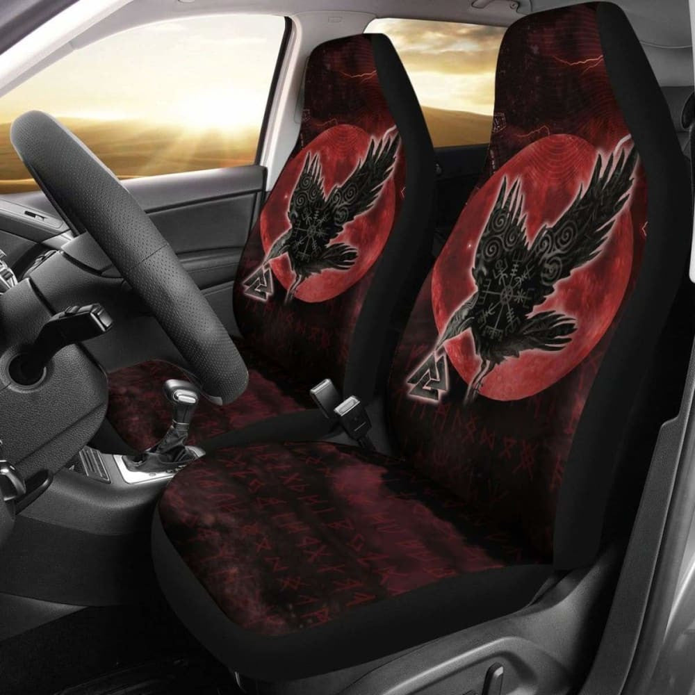 Viking Car Seat Covers, Raven Helm Of Awe Valknut Mjolnir Rune